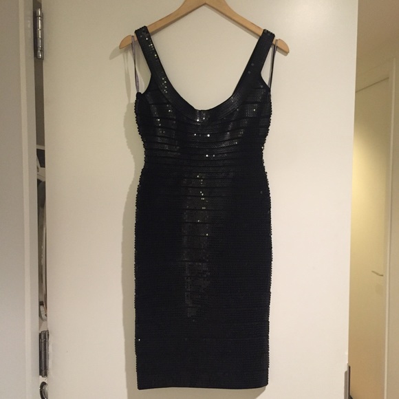 SOLD Herve Leger Leather Sequin Lilykate Dress - Picture 2 of 5